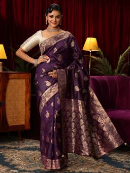 Libas - Purple Ethnic Motif Woven Design Saree With Woven Design Border and Blouse Piece