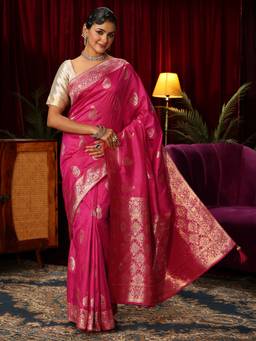 Libas - Pink Ethnic Motif Woven Design Saree With Woven Design Border and Blouse Piece