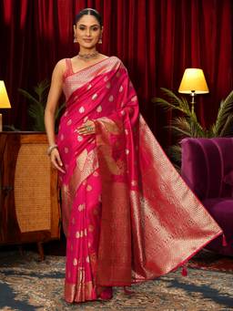Libas - Pink Ethnic Motif Woven Design Saree With Woven Design Border and Blouse Piece