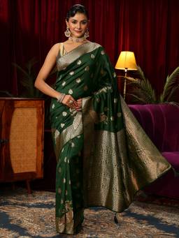 Libas - Green Ethnic Motif Woven Design Saree With Woven Design Border and Blouse Piece