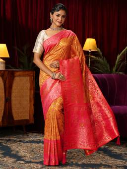 Libas - Orange Floral Woven Design Saree With Woven Design Border and Blouse Piece