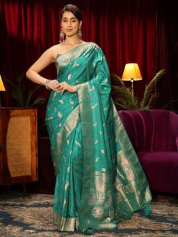 Libas - Green Ethnic Motif Woven Design Saree With Woven Design Border and Blouse Piece