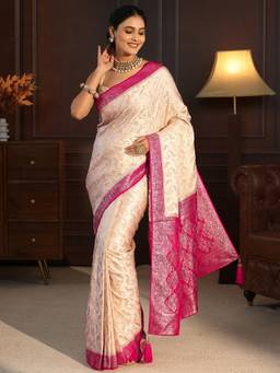 Libas - Cream Ethnic Motif Woven Design Saree With Woven Design Border And Blouse Piece