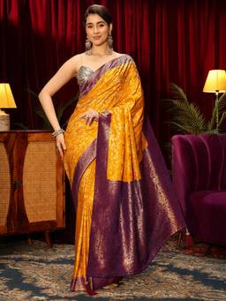 Libas - Mustard Floral Stone Work Woven Design Saree With Woven Design Border and Blouse Piece