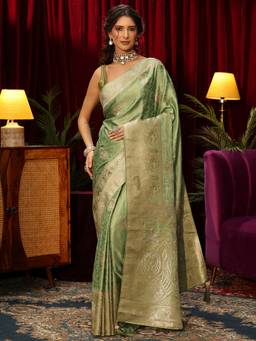 Libas - Green Ethnic Motif Woven Design Saree With Woven Design Border and Blouse Piece