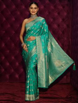 Libas - Green Floral Woven Design Saree With Woven Design Border and Blouse Piece
