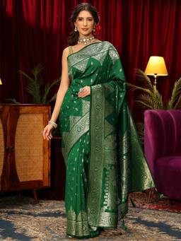 Libas - Green Ethnic Motif Woven Design Saree With Woven Design Border and Blouse Piece