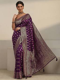 Libas - Wine Ethnic Motif Woven Design Saree With Woven Design Border and Blouse Piece