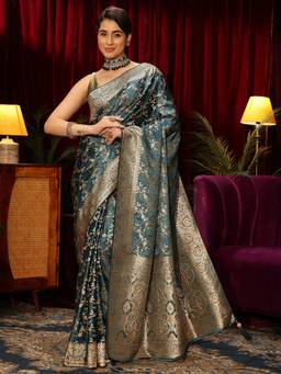Libas - Blue Floral Woven Design Saree With Woven Design Stone Work Border and Blouse Piece