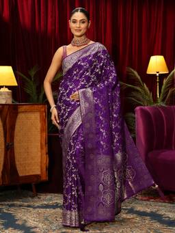 Libas - Purple Floral Woven Design Saree With Woven Design Stone Work Border and Blouse Piece