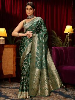 Libas - Green Floral Woven Design Saree With Woven Design Stone Work Border and Blouse Piece