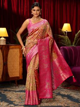 Libas - Mustard Floral Woven Design Saree With Woven Design Stone Work Border and Blouse Piece