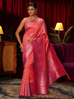 Libas - Peach Floral Woven Design Saree With Woven Design Stone Work Border and Blouse Piece