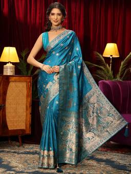 Libas - Blue Motif Woven Design Saree With Woven Design Stone Work Border and Blouse Piece