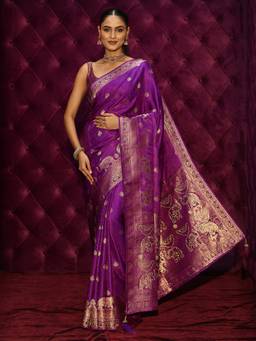 Libas - Purple Motif Woven Design Saree With Woven Design Stone Work Border And Blouse Piece