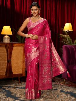 Libas - Pink Motif Woven Design Saree With Woven Design Stone Work Border and Blouse Piece