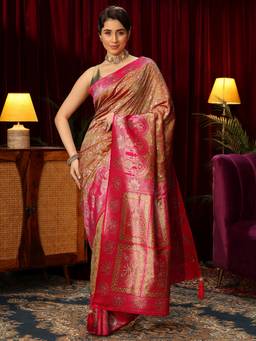Libas - Mustard Floral Woven Design Saree With Woven Design Border and Blouse Piece