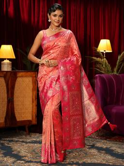 Libas - Peach Floral Woven Design Saree With Woven Design Border and Blouse Piece