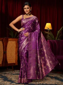 Libas - Purple Floral Woven Design Saree With Woven Design Border And Blouse Piece