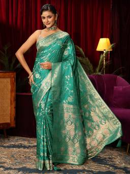 Libas - Green Floral Woven Design Saree With Woven Design Border And Blouse Piece