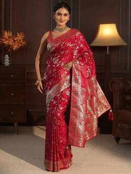 Libas - Red Floral Woven Design Saree With Woven Design Border And Blouse Piece
