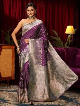 Libas - Wine Woven Design Saree With Woven Design Border and Blouse Piece