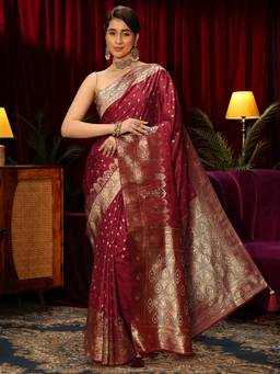 Libas - Red Woven Design Saree With Woven Design Border and Blouse Piece