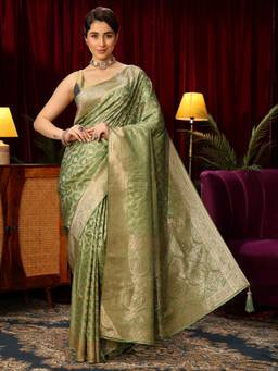 Libas - Green Floral Woven Design Saree With Woven Design Border and Blouse Piece