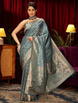 Libas - Blue Floral Woven Design Saree With Woven Design Border and Blouse Piece