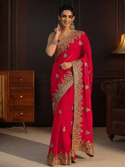 Libas Art - Red Stone Work Embroidered Saree With Embroidered Border and Blouse Piece