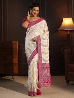 Libas Art - Cream Ethnic Motif Stone Work Woven Design Saree And Blouse Piece
