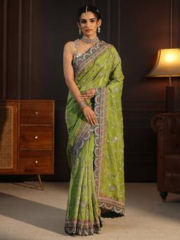 Libas Art - Green Floral Sequin Embroidered Saree and Blouse Piece