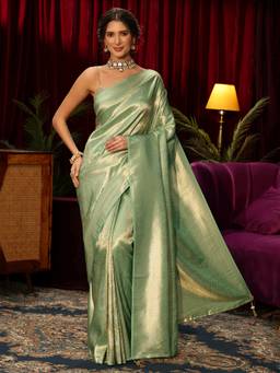 Libas - Green Floral Woven Design Saree With Embellished Blouse Piece