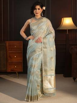 Libas - Blue Self Design Saree With Woven Design Border and Blouse Piece