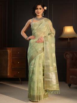 Libas - Green Self Design Saree With Woven Design Border and Blouse Piece