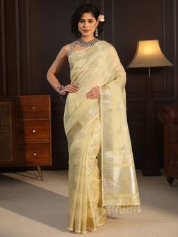 Libas - Mustard Self Design Saree With Woven Design Border and Blouse Piece