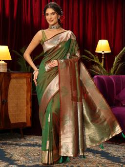 Libas - Green Ethnic Motif Woven Design Saree With Blouse Piece