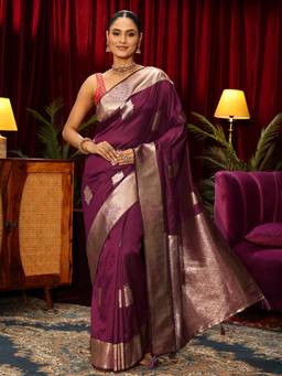Libas - Wine Ethnic Motif Woven Design Saree With Blouse Piece