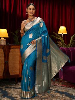 Libas - Blue Ethnic Motif Woven Design Saree With Blouse Piece