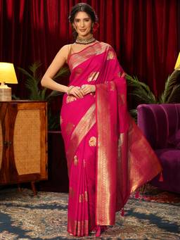 Libas - Pink Ethnic Motif Woven Design Saree With Blouse Piece