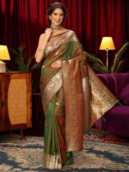 Libas - Green Ethnic Motif Woven Design Saree With Blouse Piece