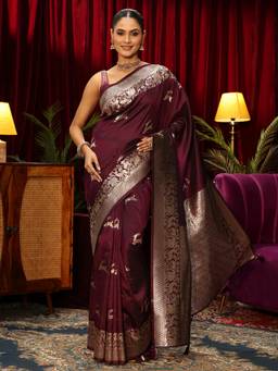 Libas - Wine Ethnic Motif Woven Design Saree With Blouse Piece