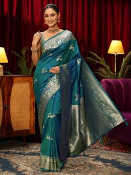 Libas - Green Ethnic Motif Woven Design Saree With Blouse Piece