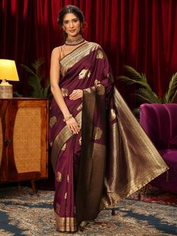 Libas - Maroon Ethnic Motif Woven Design Saree With Blouse Piece