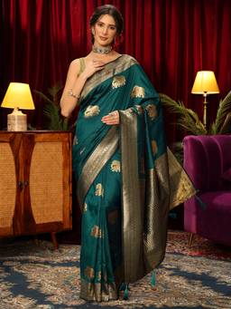 Libas - Green Ethnic Motif Woven Design Saree With Blouse Piece