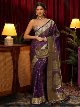 Libas - Lavender Ethnic Motif Woven Design Saree With Blouse Piece