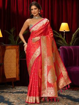 Libas - Pink Ethnic Motif Woven Design Saree With Blouse Piece
