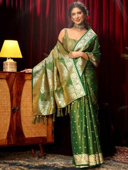 Libas - Green Ethnic Motif Woven Design Saree With Blouse Piece