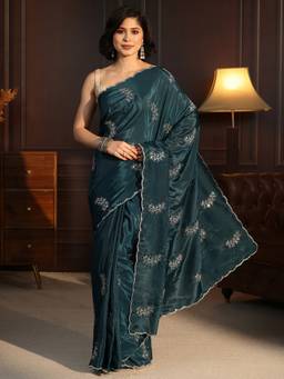 Libas - Teal Floral Sequin Embroidered Saree With Blouse Piece