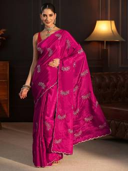 Libas - Pink Floral Sequin Embroidered Saree With Blouse Piece